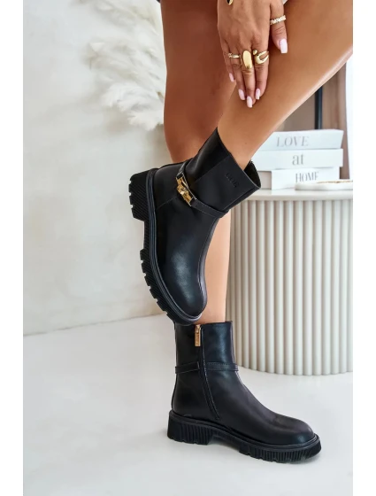 Dámske kožené členkové topánky s remienkom zateplené GOE Black Dámske kožené členkové topánky s remienkom zateplené GOE Black