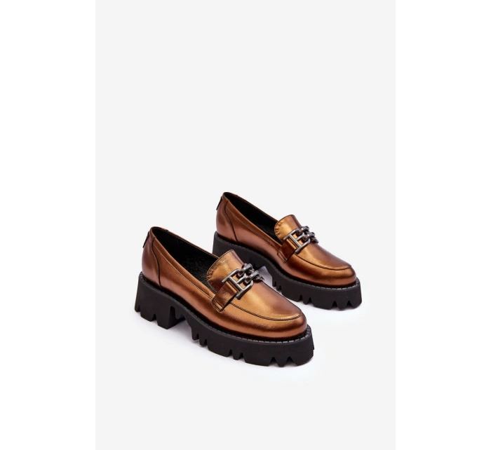 Damskie Skórzane Półbuty Loafersy Z Ozdobą Laura Messi 2699 Złote