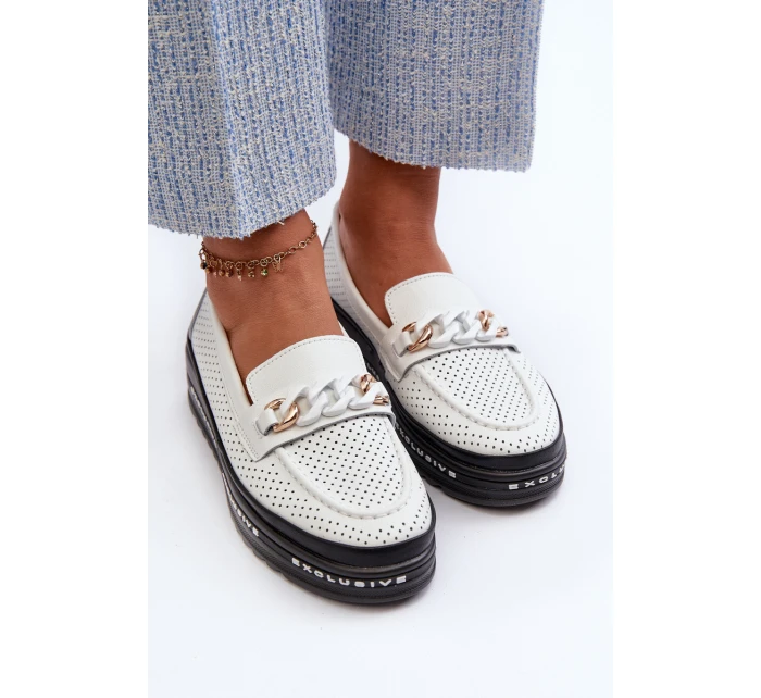 Mokasyny Damskie Skórzane Na Platformie Z Łańcuchem S.Barski LR618 Białe