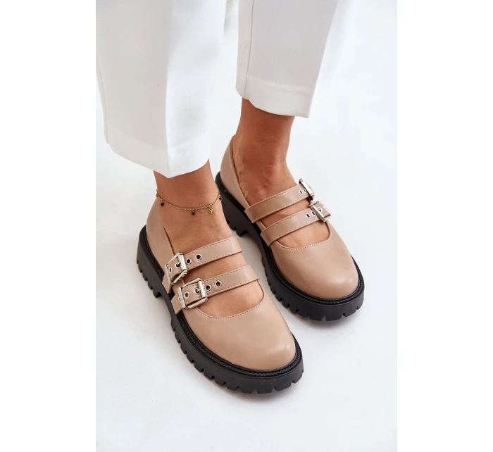 Półbuty Damskie Z Paskami Eko Skórzane Beżowe Terione Półbuty Damskie Z Paskami Eko Skórzane Beżowe Terione