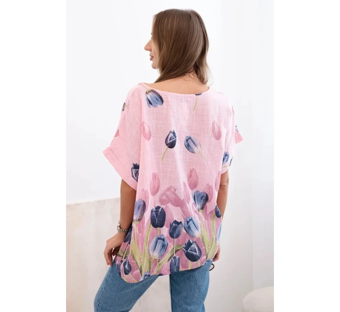 Dámská bavlněná košile s květinovým vzorem světle růžová