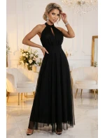 Elegantní maxi večerní šaty na ramínka s a zavazováním v pase černé model 21961746 - numoco basic