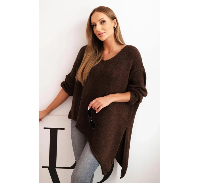 Plus veľkosť dámske vlnené asymetrické V-neck sveter Brown Plus veľkosť dámske vlnené asymetrické V-neck sveter Brown