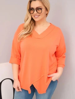 Dámska bavlnená blúzka s hlbokým výstrihom do V a asymetrickým lemom v marhuľovej farbe