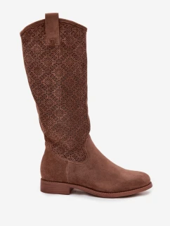 Dámske ažurové čižmy na plochom podpätku S.Barski - hnedé