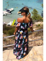 Dlhé dámske čierne šaty s farebnými kvetmi a španielskym výstrihom model 7118058