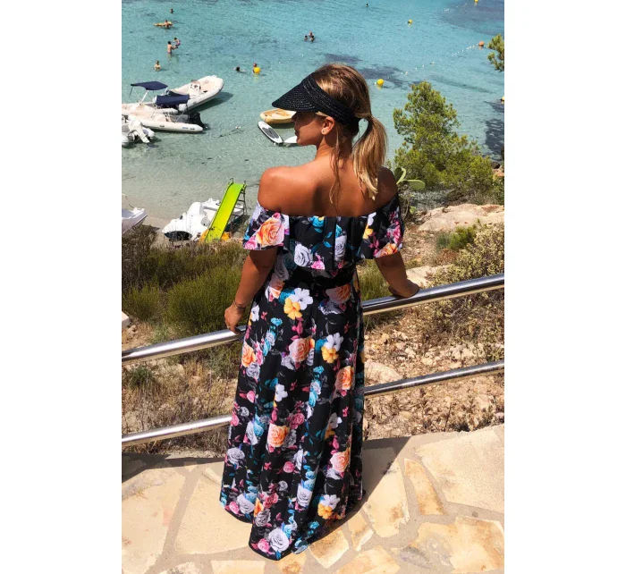 Dlhé dámske čierne šaty s farebnými kvetmi a španielskym výstrihom model 7118058