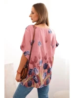 Dámske bavlnené tričko s kvetinovým vzorom tmavoružové