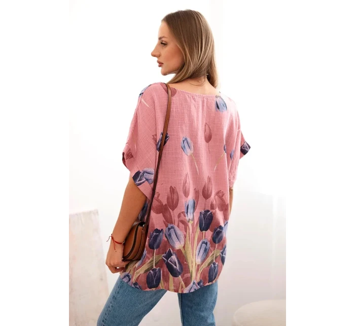 Dámske bavlnené tričko s kvetinovým vzorom tmavoružové