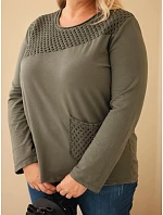 Dámská bavlněná mikina Plus Size s krajkovým dílem a kapsou khaki