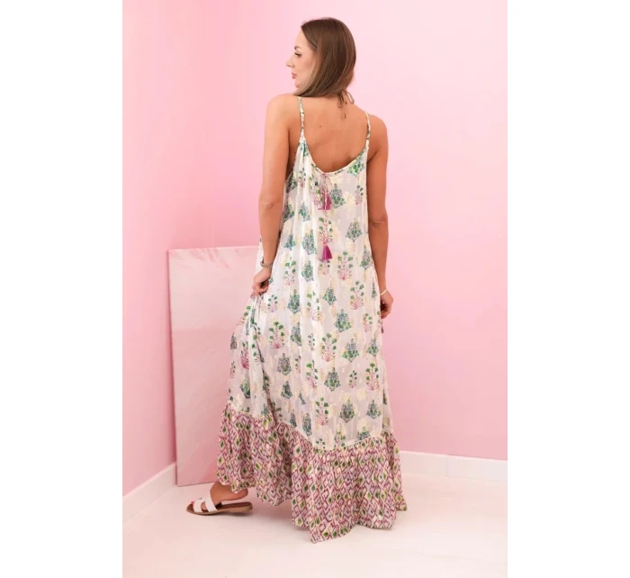 Dámské šaty na ramínka ze světlé viskózy s volánem fialka