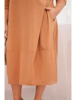 Dámská bavlněná šaty Plus Size s ohrnutým rukávem a kapsami camelová