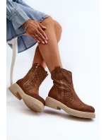 Zazoo 3470 Zamszowe Botki Damskie Na Płaskim Obcasie Ażurowe Brązowe