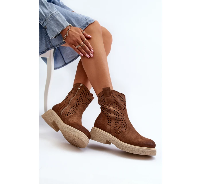 Zazoo 3470 Zamszowe Botki Damskie Na Płaskim Obcasie Ażurowe Brązowe