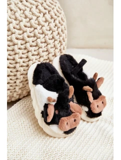 Dziecięce Futrzane Kapcie Z Motywem Krowy Czarne Tamorrin