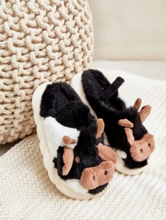 Dziecięce Futrzane Kapcie Z Motywem Krowy Czarne Tamorrin