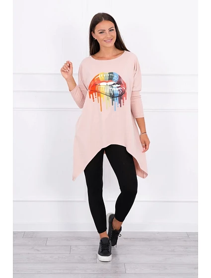 Oversize halenka s potiskem model 18743440 rtů tmavě pudrově růžová - K-Fashion