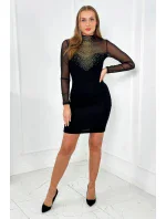 Pletené šaty s tylovými rukávmi a výstrihom čierny Pletené šaty s tylovými rukávmi a výstrihom čierny