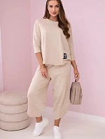 Bavlnená mikina nohavice set béžová