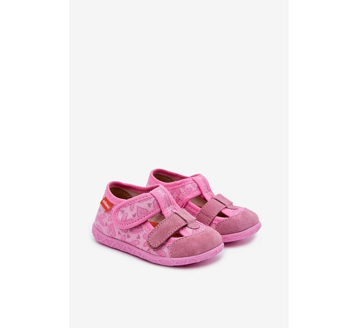 Dětské pantofle Milami lesklé na suchý zip srdíčka růžové Reathiana