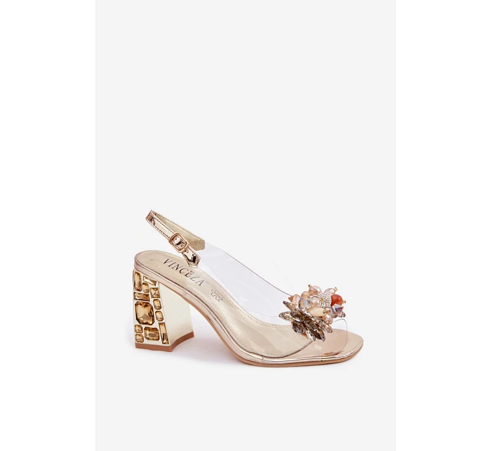 Průhledné sandály na podpatku s krystaly Vinceza 70121 zlaté