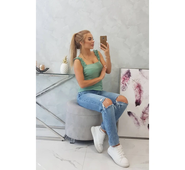 Blúzka s volánikmi bez ramienok tmavá mätová Blúzka s volánikmi bez ramienok tmavá mätová