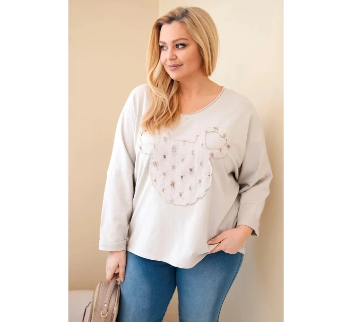 Dámská bavlněná blůza Plus Size s výstřihem do V béžová