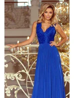 Dlouhé dámské šaty v chrpové barvě bez s krajkovým výstřihem model 6389848 - numoco