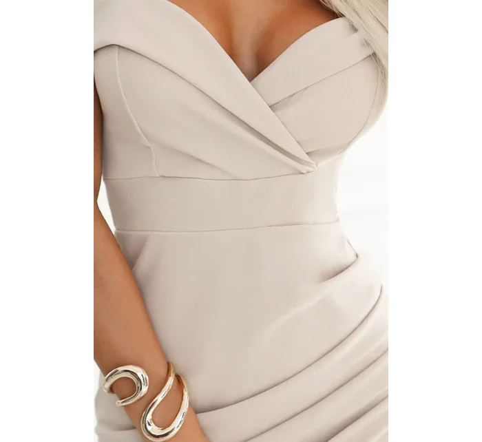 564-5 CALLIE Midi šaty s odhalenými ramenami a výstrihom - svetlo béžové 564-5 CALLIE Midi šaty s odhalenými ramenami a výstrihom - svetlo béžové