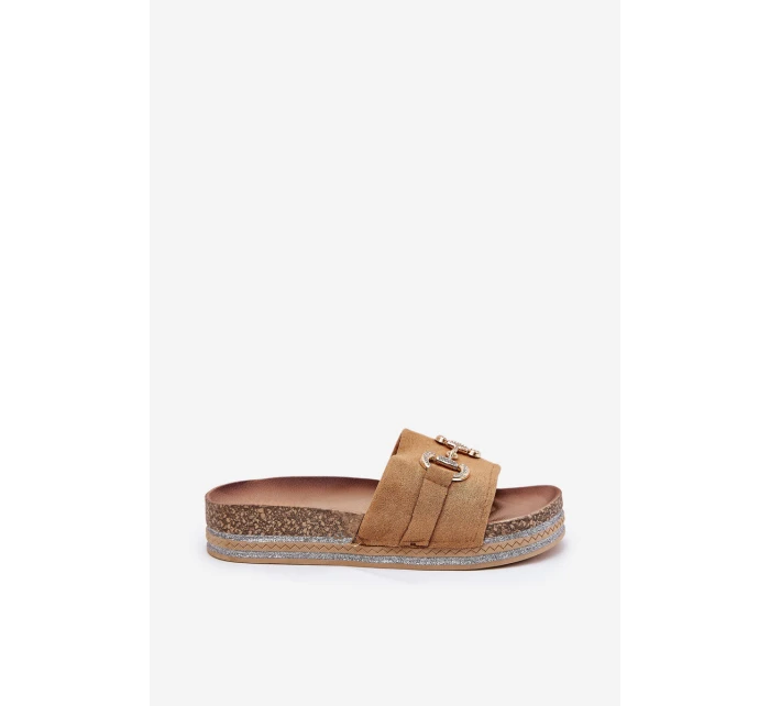 Klapki Damskie Na Platformie Ze Złotą Ozdobą I Brokatem Camel Morisela