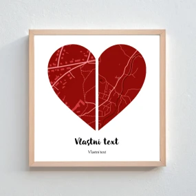 Personalizovaný magický fotoobraz v rámu - čtverec 20x20 - dvě mapy jako srdce