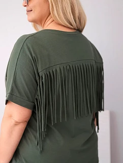 Dámská bavlněná halenka s výstřihem do V a třásněmi na zádech khaki