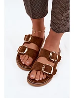 Dámské pantofle z imitace semiše s zlatými přezkami Camel Averia