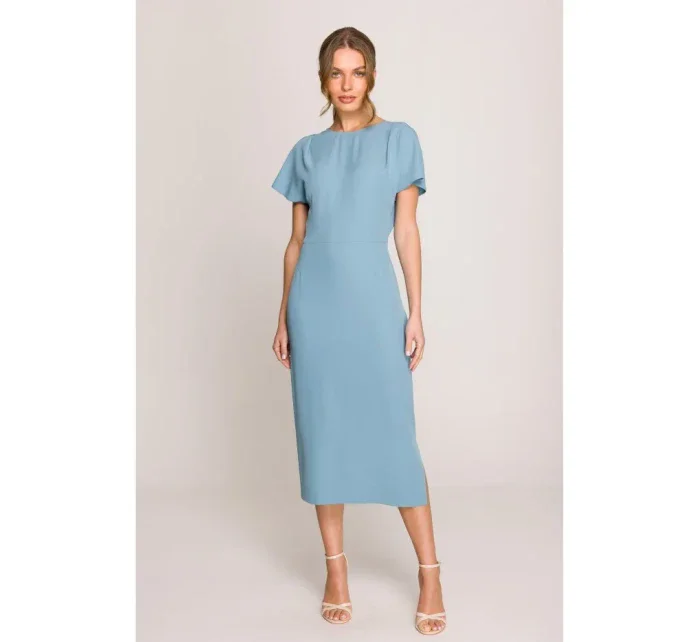 model 20966244 Tužkové šaty s rozparkem na boku nebesky modré - STYLOVE