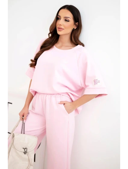 Dámsky maslový viskózový set mikina a široké nohavice candy pink
