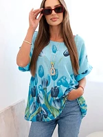 Dámske bavlnené tričko s kvetinovým vzorom modré