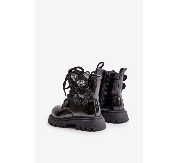 Zateplené dívčí botky s medvídkem na zip lakované černé Relobia