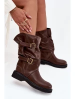 Vlněné dámské kozačky do  s pásky a přezkami hnědé model 21711786 - Boto