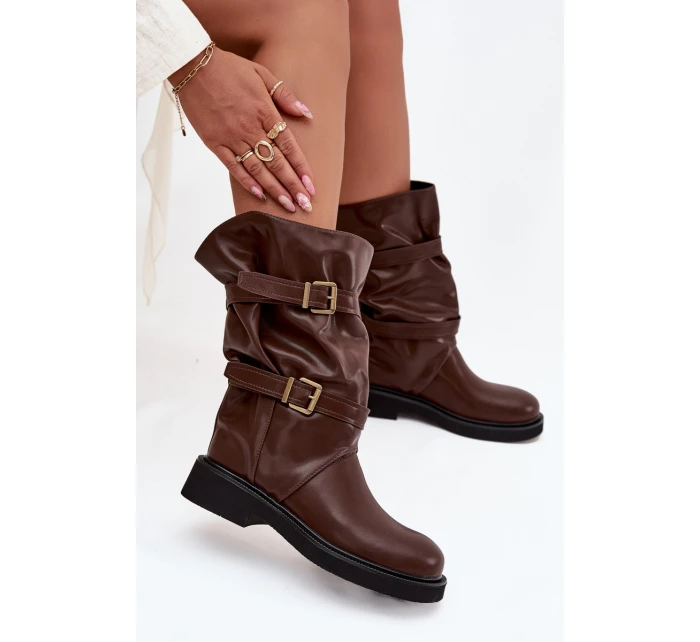 Vlněné dámské kozačky do  s pásky a přezkami hnědé model 21711786 - Boto
