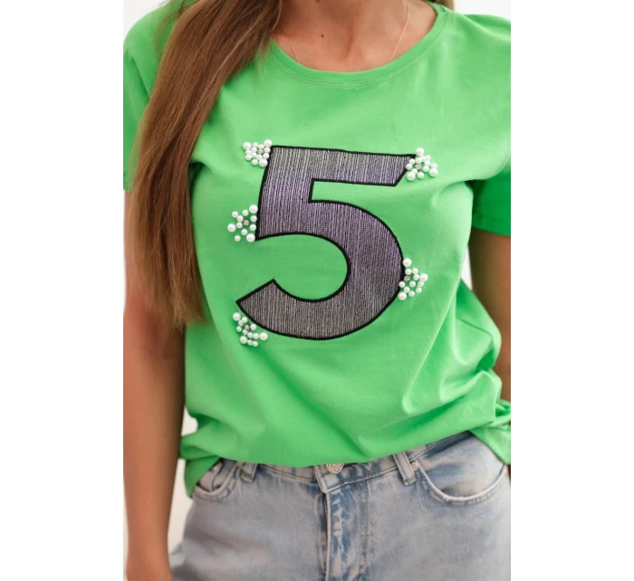 Dámska bavlnená blúzka s krátkymi rukávmi a aplikáciou s perlami zelená Dámska bavlnená blúzka s krátkymi rukávmi a aplikáciou s perlami zelená