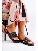 Damskie Skórzane Klapki Z Ozdobą Czarne Brien