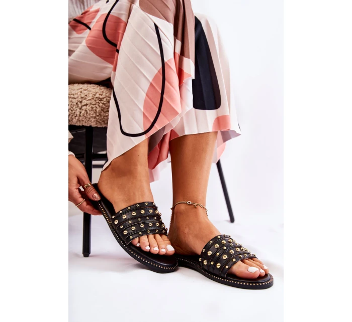 Damskie Skórzane Klapki Z Ozdobą Czarne Brien