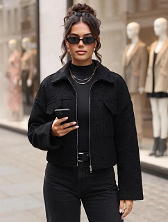 Krátka dámska bunda typu „baranek“ na zips, čierna, FashionStreet TY6059