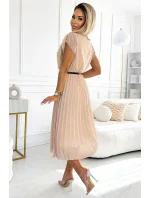 Béžové dámské plisované midi šaty s černým opaskem model 20162133 - numoco basic