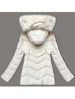 Prošívaná bunda v barvě ecru pro přechodné období s kožešinou kapucí model 21248229 - S'WEST