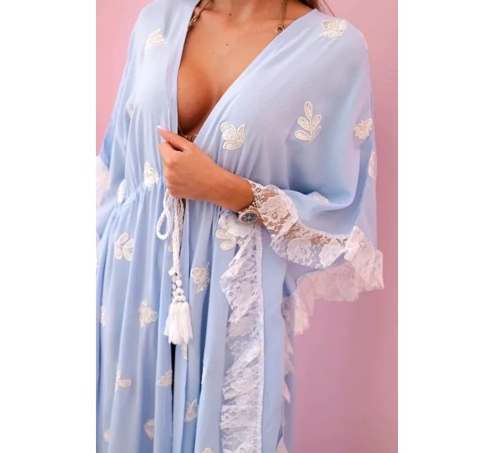 Dámsky boho plášť z viskózy s čipkou modrý