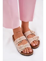 Materiałowe Klapki Damskie Na Korkowej Platformie Z Klamrami Beżowe Osoffe Materiałowe Klapki Damskie Na Korkowej Platformie Z Klamrami Beżowe Osoffe