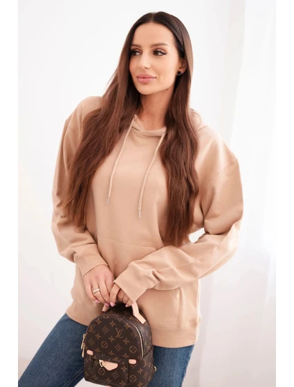 Dámska mikina s kapucňou a klokaním vreckom z bavlny v béžovej farbe