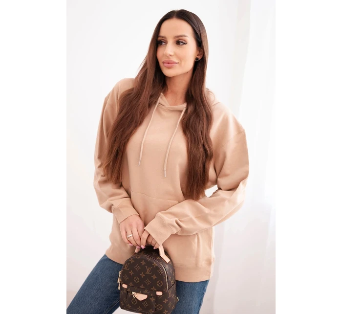 Dámska mikina s kapucňou a klokaním vreckom z bavlny v béžovej farbe