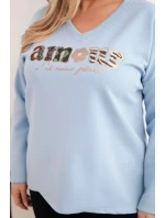 Dámská mikina Plus Size s nápisem a výstřihem do V modrá Dámská mikina Plus Size s nápisem a výstřihem do V modrá